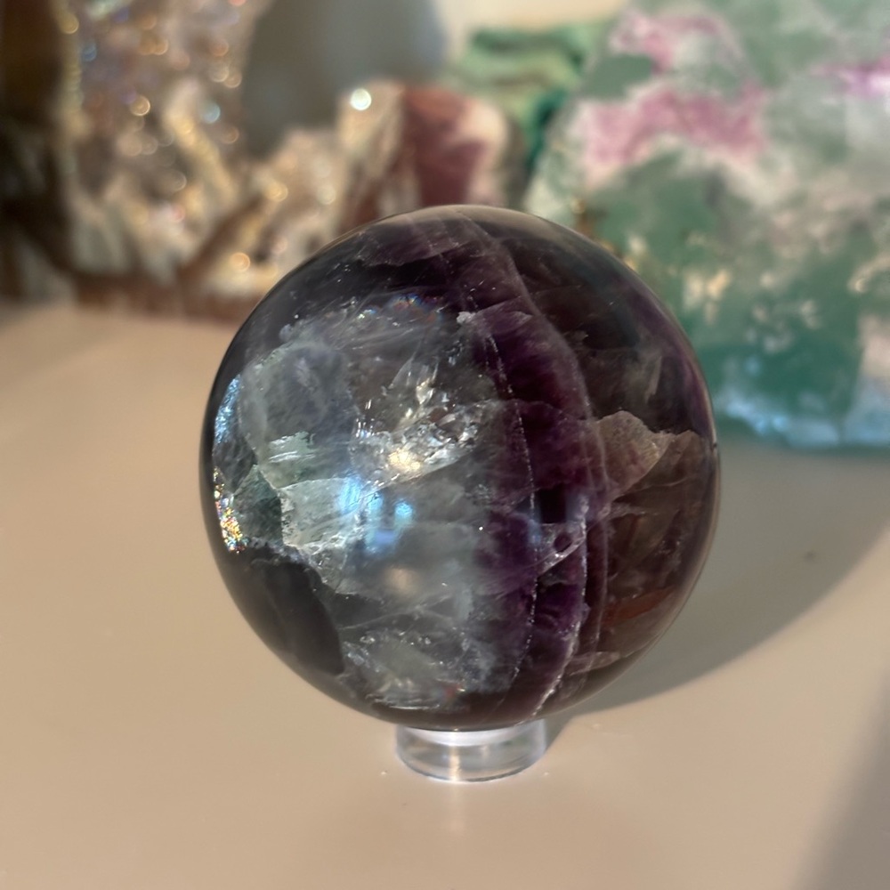 Rainbow Fluorite Crystal Sphere with Flashes, with Stand